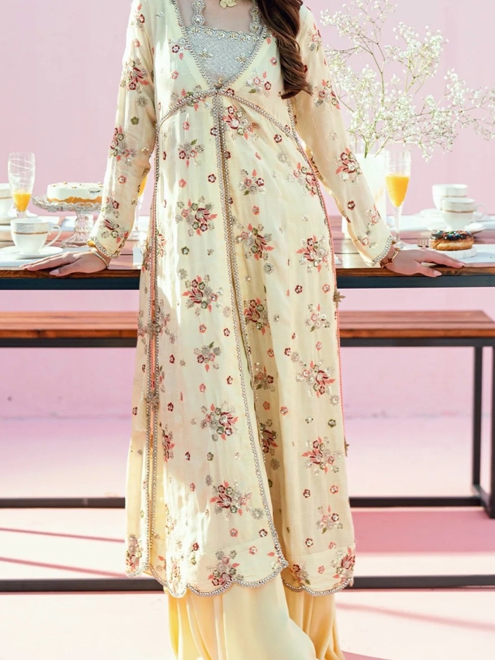 Zunaira Teli Embroidered Yellow Floral Maxi Dress Pakistani